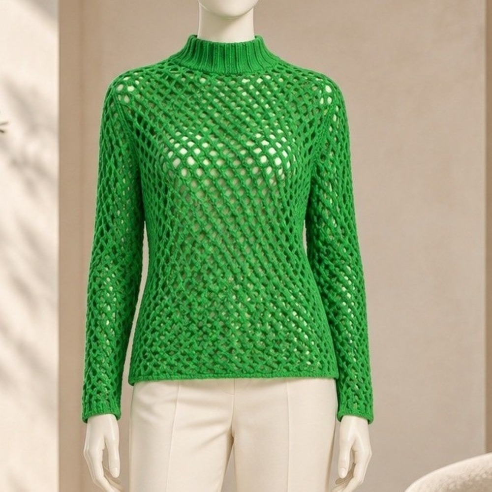 The Elder Statesman Womens Sweater Green Open Knit Cashmere Mock Neck Small
